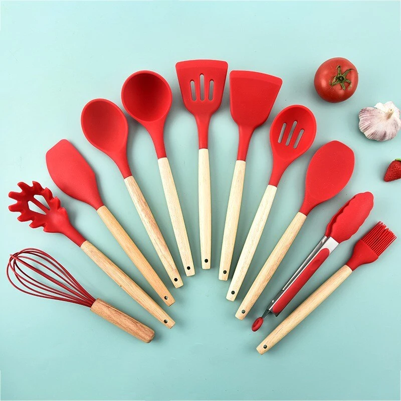Kit 12 Utensílios Cozinha Silicone Cabo De Madeira - KitchenAD