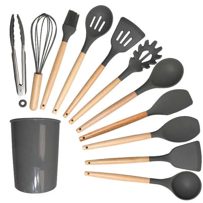 Kit 12 Utensílios Cozinha Silicone Cabo De Madeira - KitchenAD