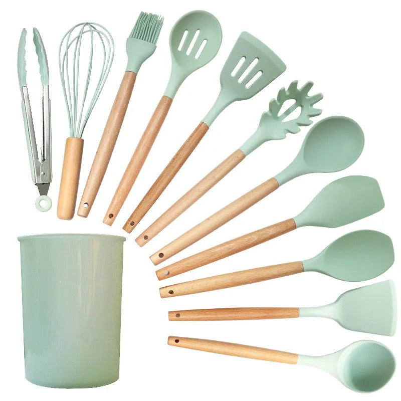 Kit 12 Utensílios Cozinha Silicone Cabo De Madeira - KitchenAD