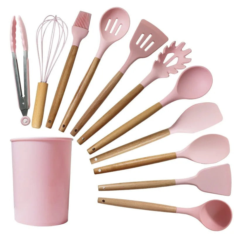 Kit 12 Utensílios Cozinha Silicone Cabo De Madeira - KitchenAD