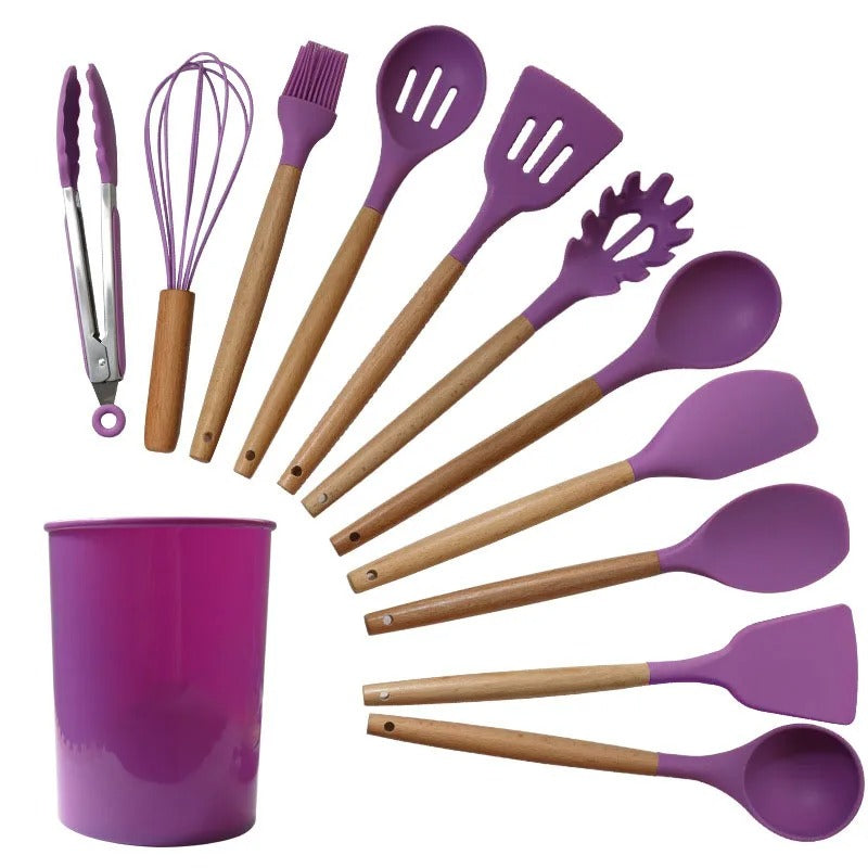 Kit 12 Utensílios Cozinha Silicone Cabo De Madeira - KitchenAD