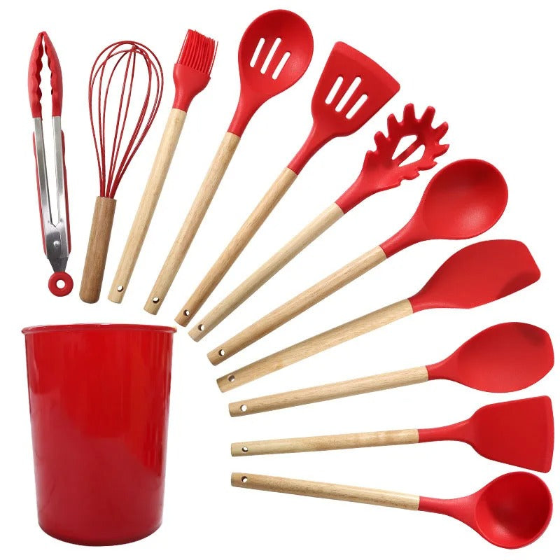 Kit 12 Utensílios Cozinha Silicone Cabo De Madeira - KitchenAD