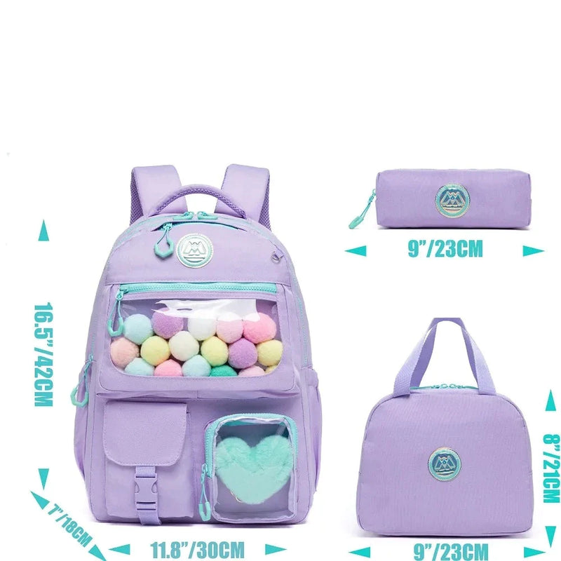 Mochila Escolar para Meninas - Kit com lancheira e estojo