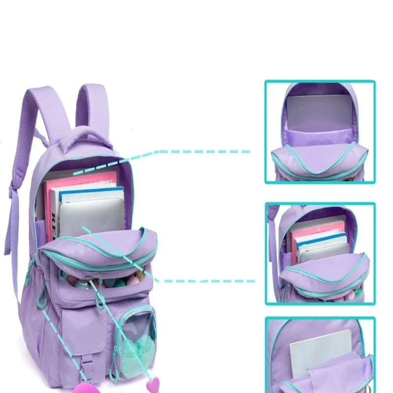 Mochila Escolar para Meninas - Kit com lancheira e estojo