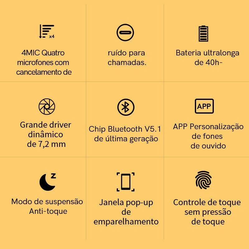 Fone de Ouvido T13 com 4 Microfones, Controle Por toque e Bluetooth 5.1