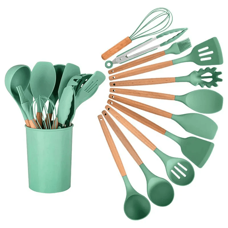 Kit Utensílios de Silicone com Cabo de Madeira - BStocker™ (12 Peças)