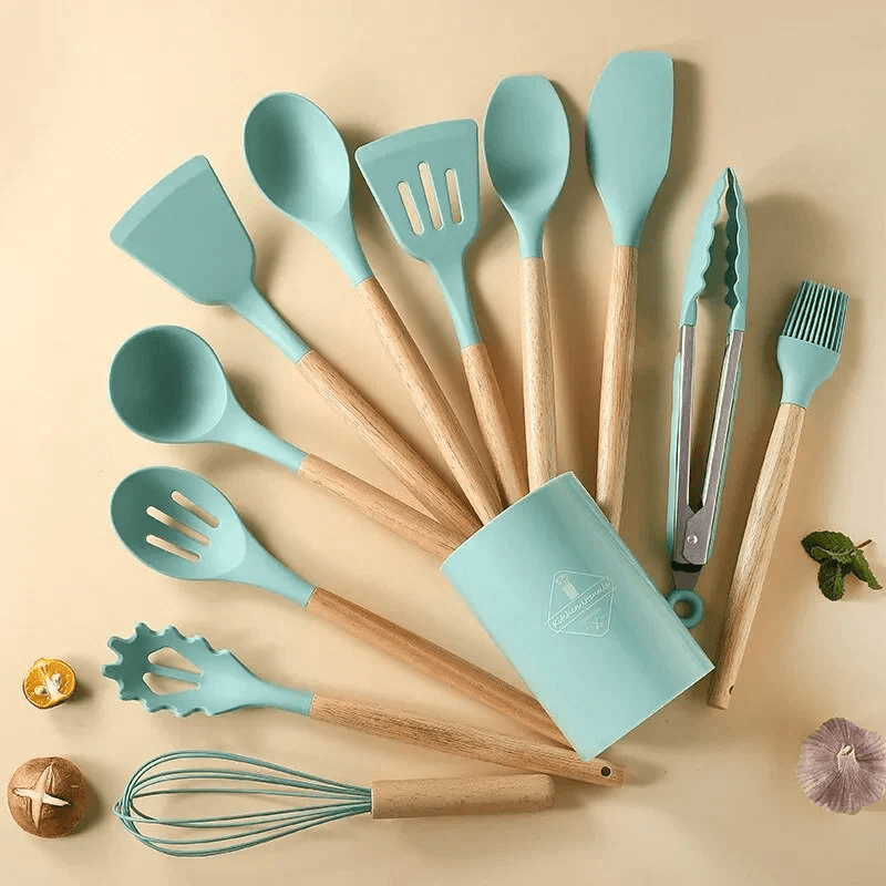 Kit Utensílios de Silicone com Cabo de Madeira - BStocker™ (12 Peças)