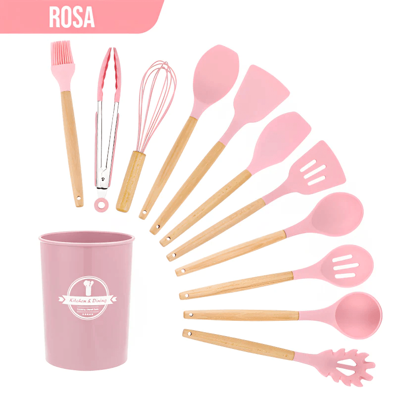 Kit Utensílios de Silicone com Cabo de Madeira - BStocker™ (12 Peças)